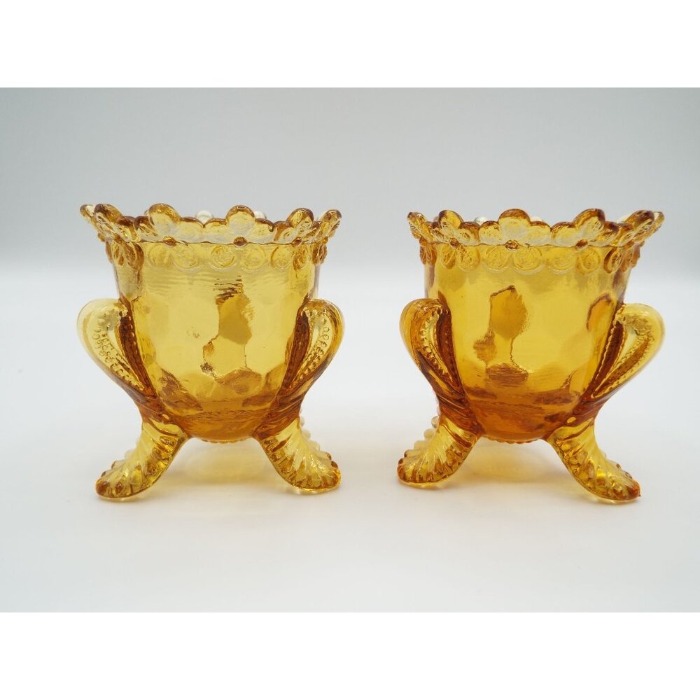 Vintage Degenhart Forget Me Not Amber Brown Glass Toothpick Holders Pair of 2